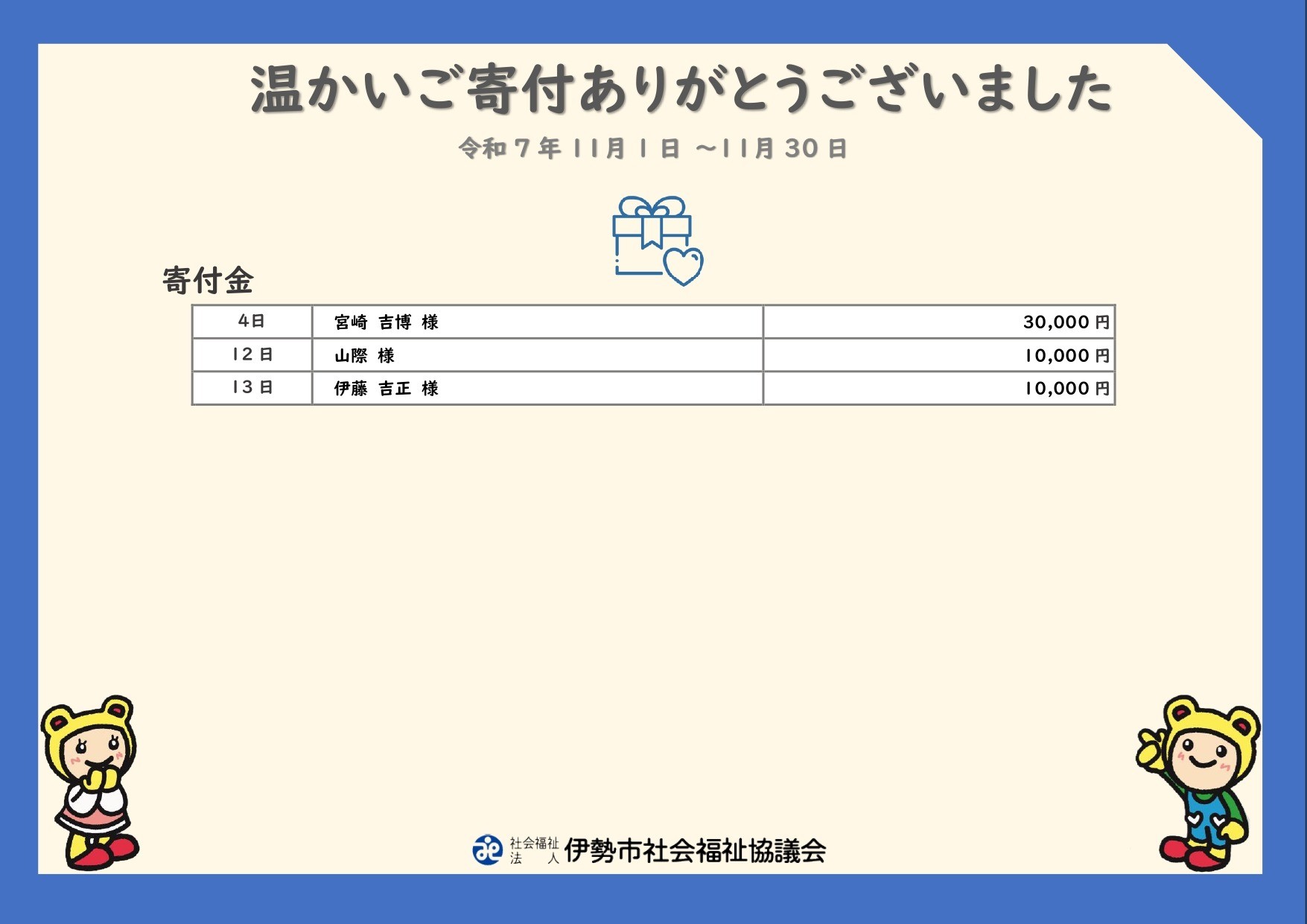 【ご寄付ありがとうございます】 令和7年11月寄付者の皆さま（寄付金）