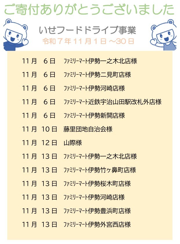 【ご寄付ありがとうございます】 令和7年11月 寄付者の皆さま