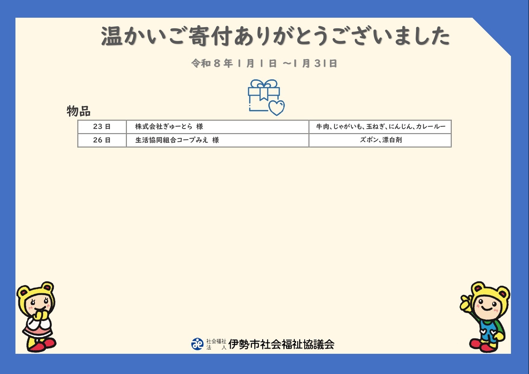 【ご寄付ありがとうございます】 令和8年1月寄付者の皆さま（物品）